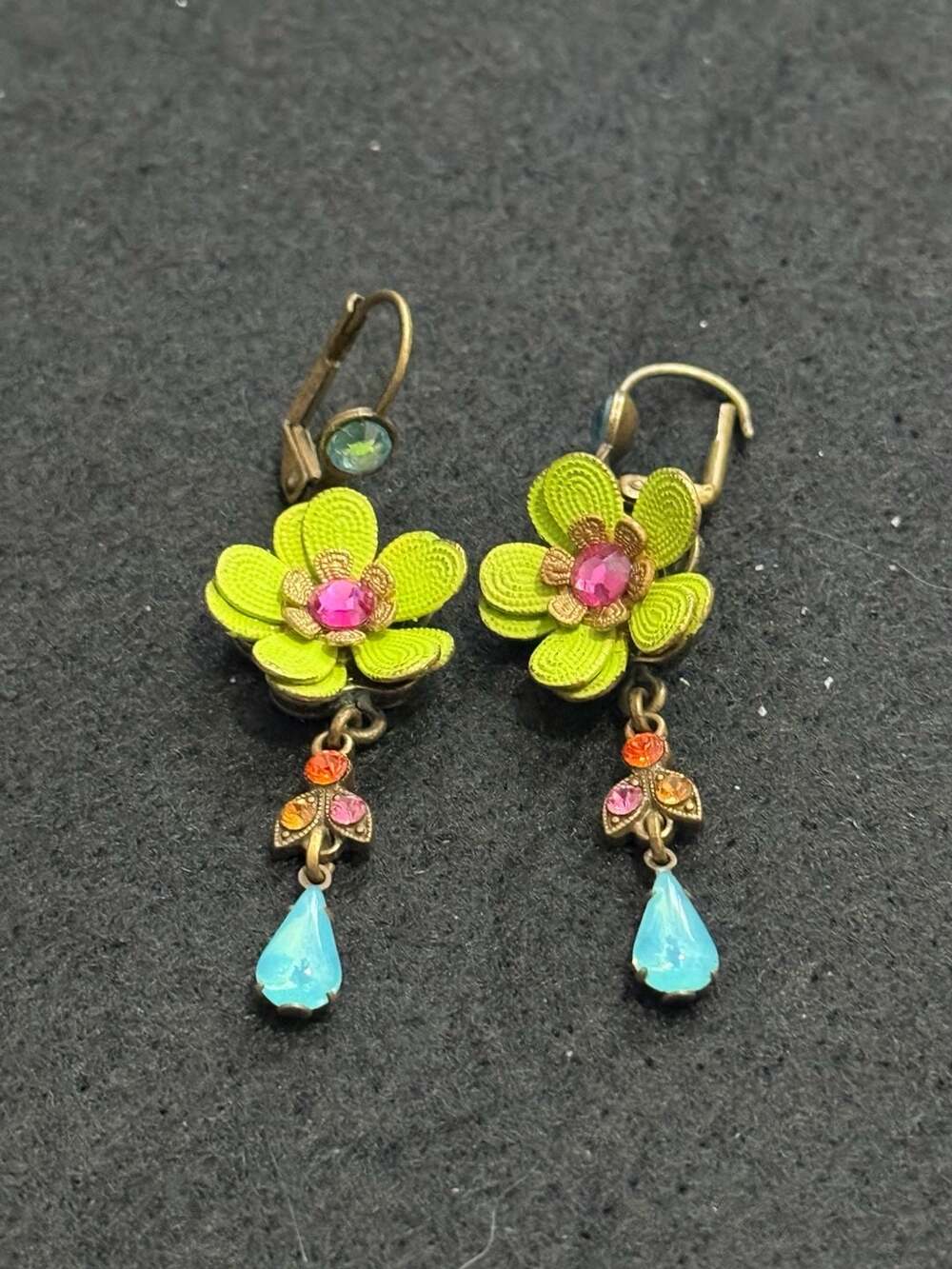 Michal Negrin Floral Drop Earrings with Lime Green Enamel and Crystals